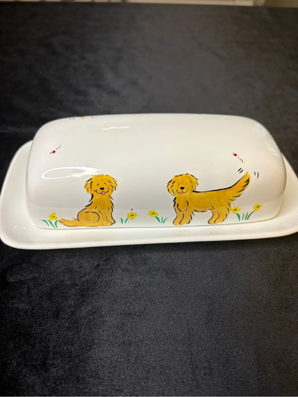 Hand Painted Golden Dogs Butter Dish